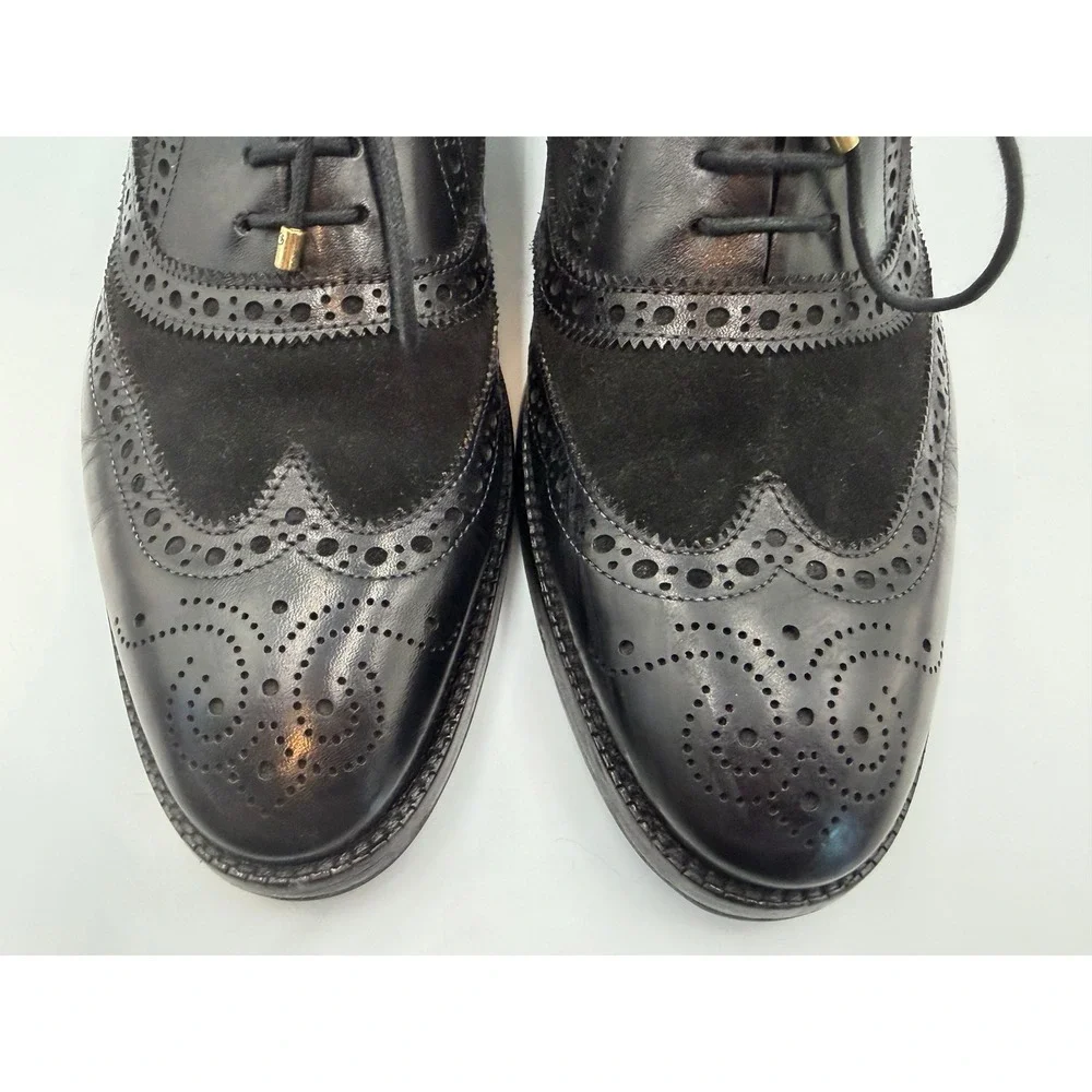 Lethato Men's Black Leather Suede Wingtip Brogue Oxford Dress Shoes Sz 9.5/10